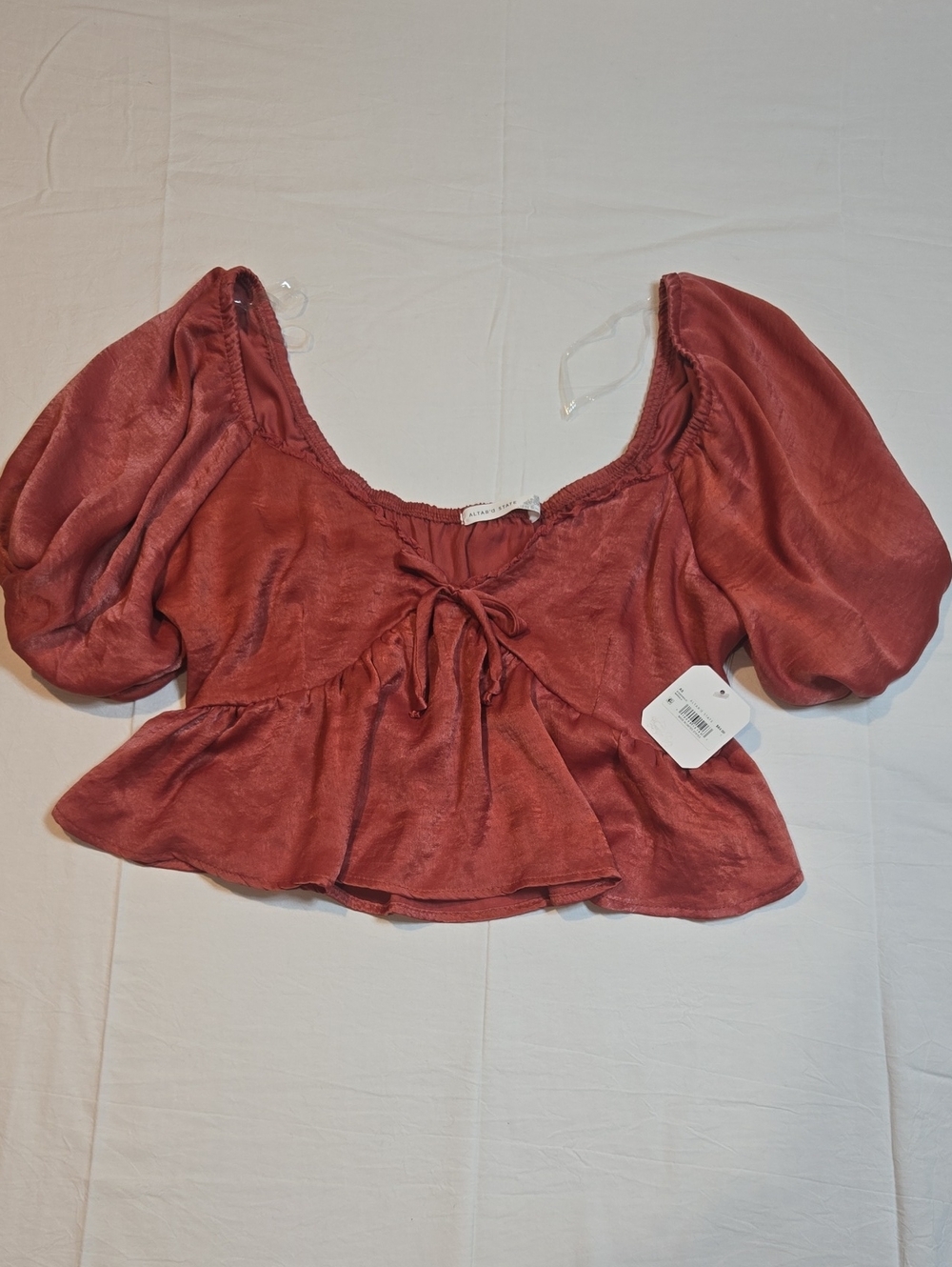 Altar'd State Rust Puff-Sleeve Tie-Front Crop Top NWT